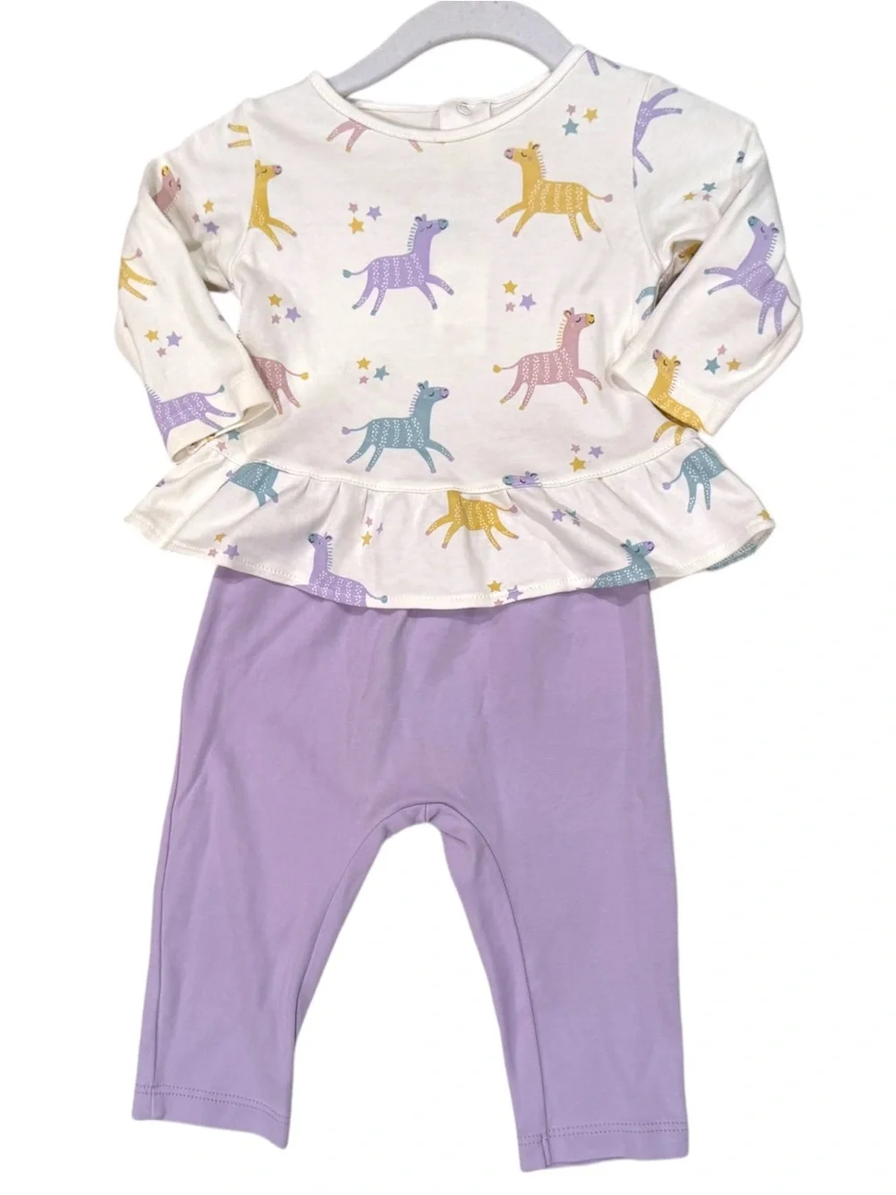 Kissy Kissy 2 Piece Zebra Peplum Top & Lavender Leggings Set 6-9 Months Pima Cot